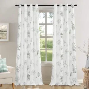 white botanical printed curtain with grommet header