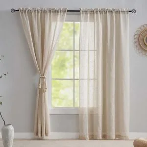 natural color faux linen sheer curtains at a window