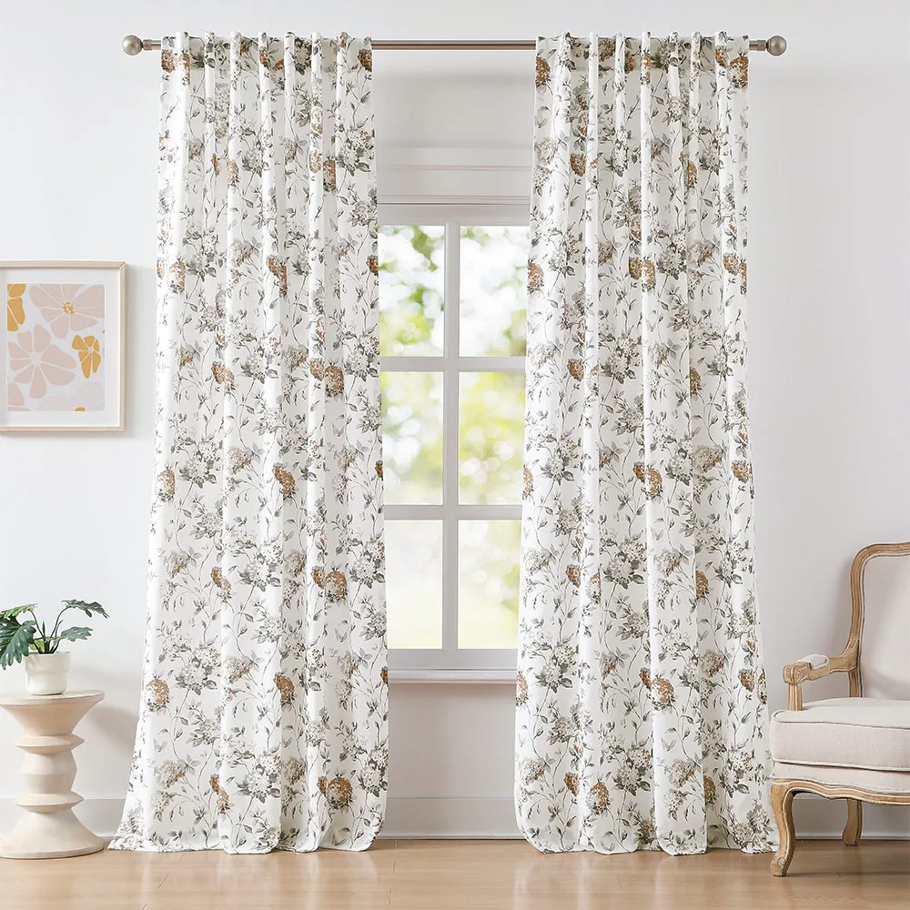 Floral printed semi-blackout curtain with surface-printed design