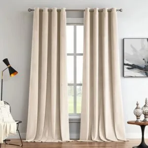beige velvet curtains in a room