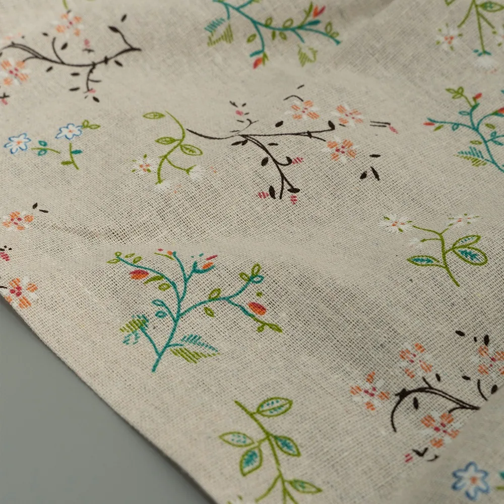 multicolor botanical print on natural color curtain fabric