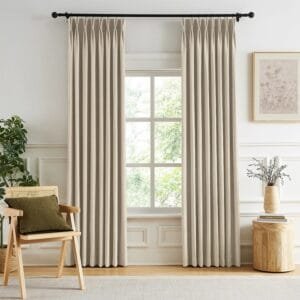 neutral solid chenille curtains at a window