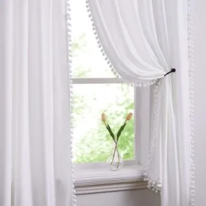 White Chiffon Curtains with Small Ball Tassels
