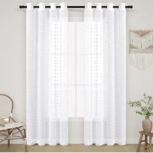 White Sheer Curtains with Tufted Pom Pom