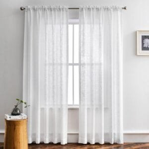 white sheer curtain with subtle woven stripes