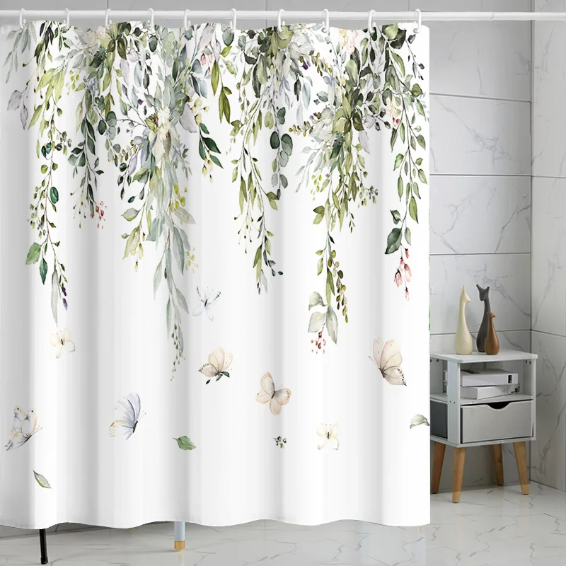 white botanical print shower curtain