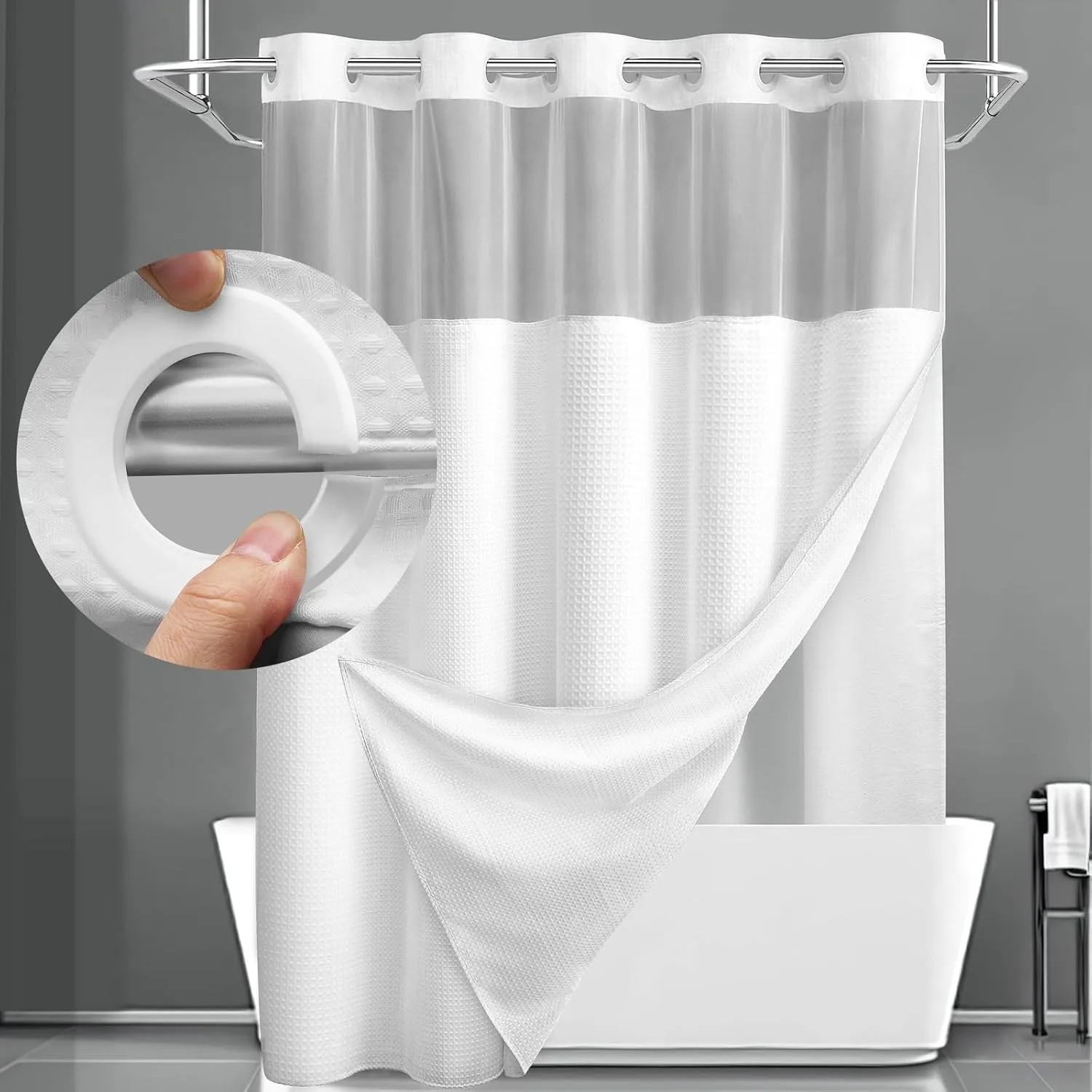 white sheer-top waffle-weave shower curtain with liner