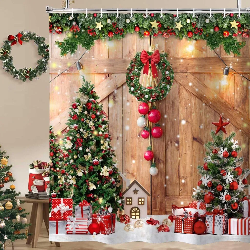 Christmas tree print shower curtain