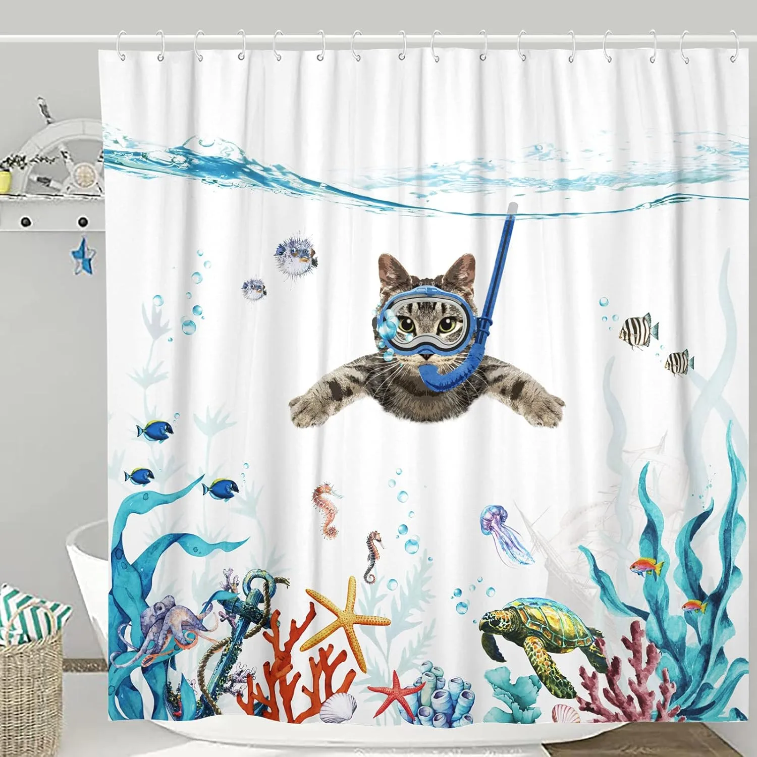 underwater cat print shower curtain