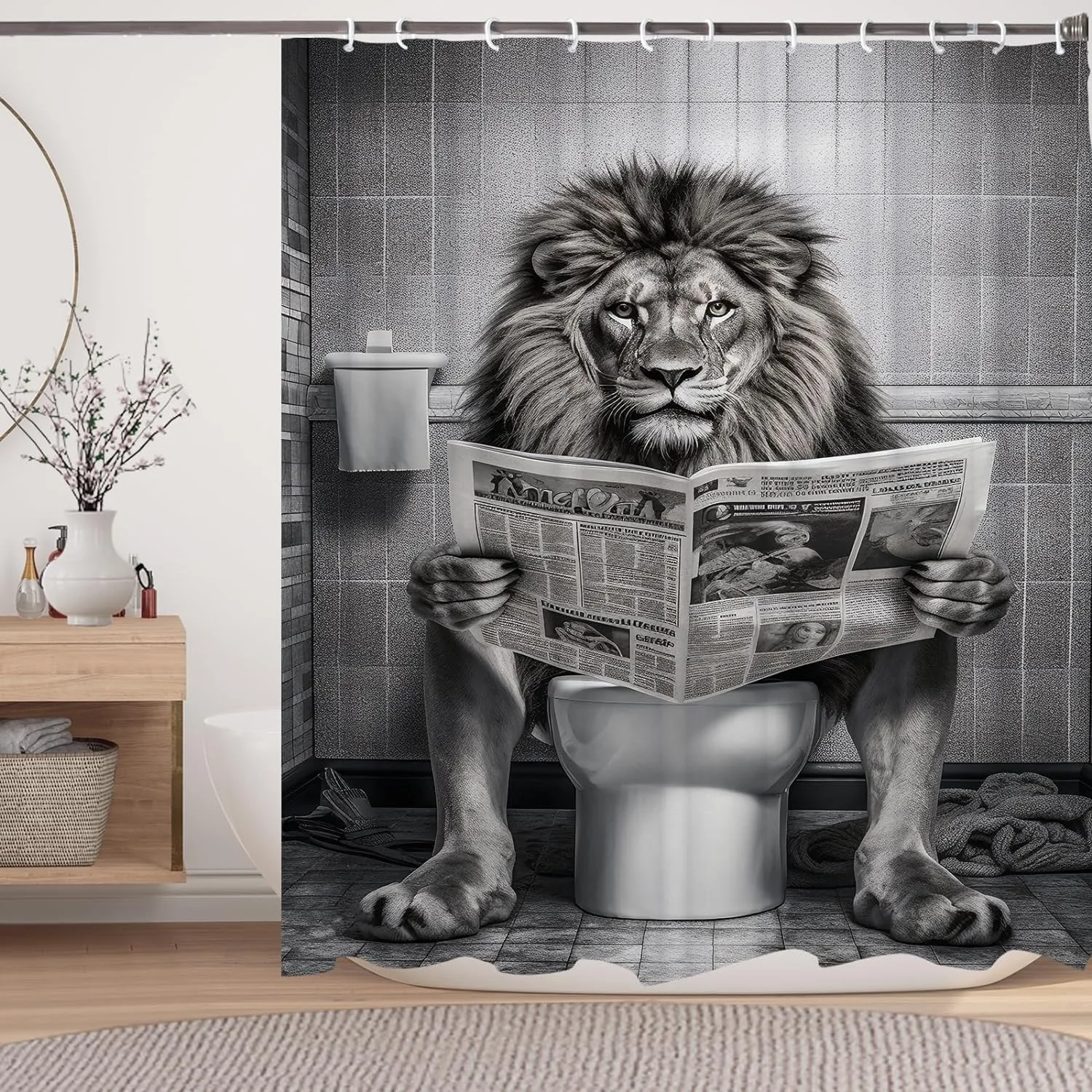 black and white lion print shower curtain