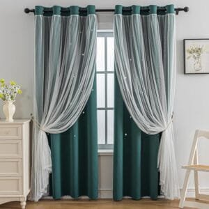 green double-layer star cut-out sheer and blackout curtains