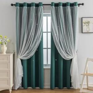 green double-layer star cut-out sheer and blackout curtains