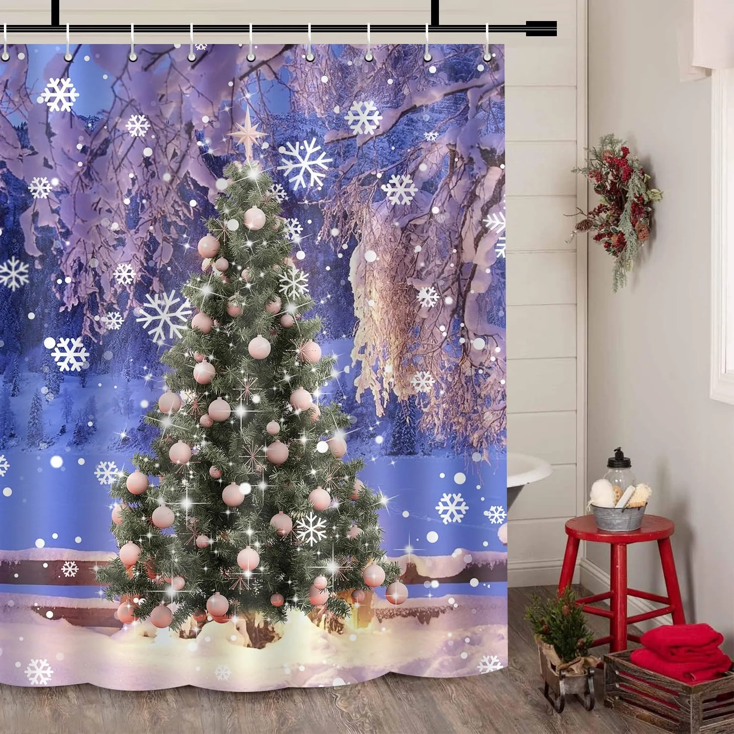 snowy Christmas tree print shower curtain