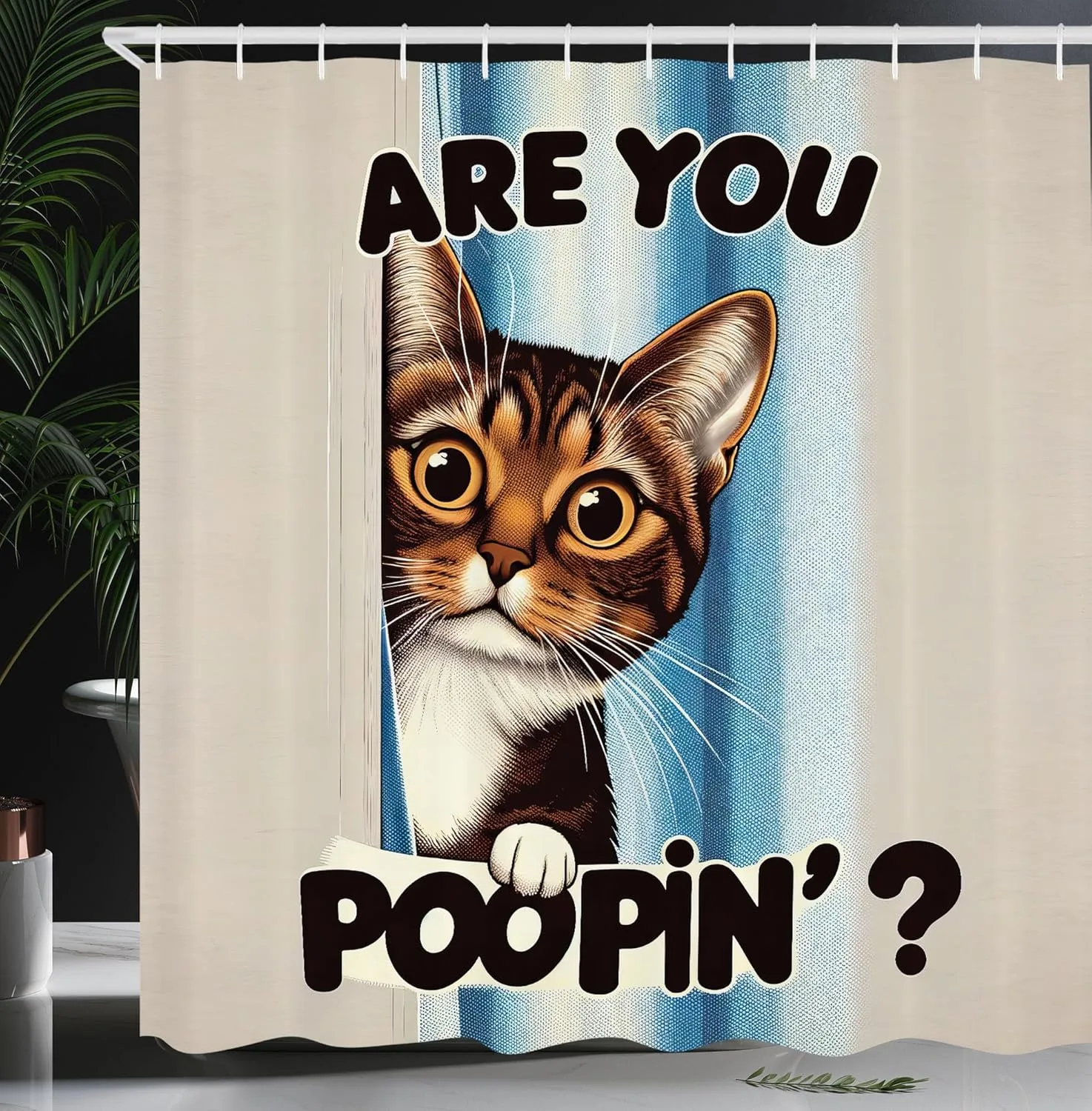 cat print shower curtain with large text