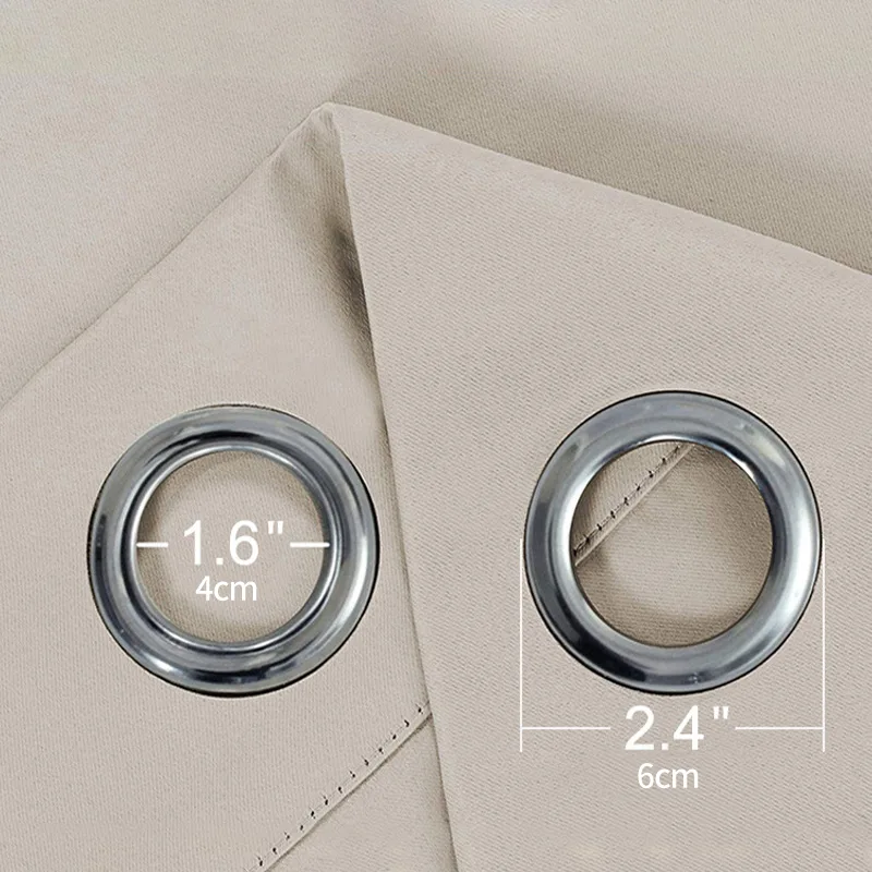 metal grommet dimensions on beige curtain fabric