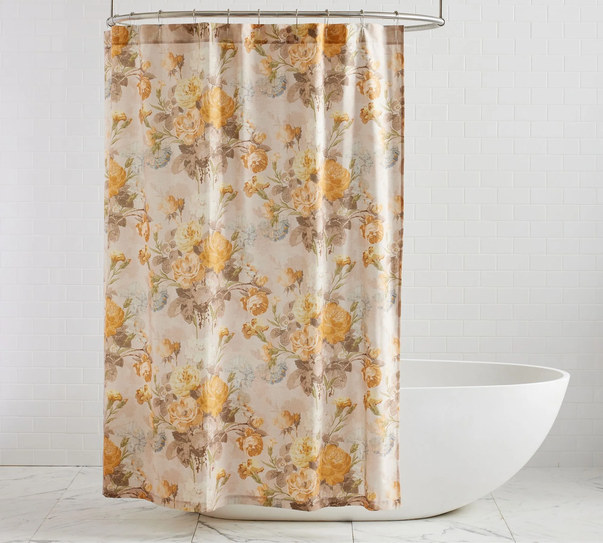 Floral print shower curtain open box display, decorative bathroom curtain