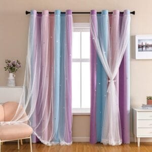 pastel color-blocked double-layer star cut-out curtains