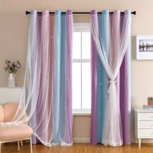 pastel color-blocked double-layer star cut-out curtains