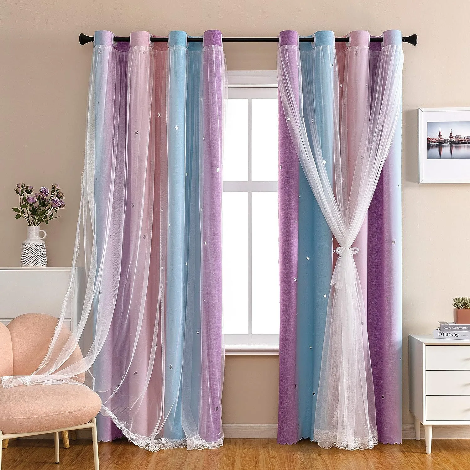 pastel color-blocked double-layer star cut-out curtains