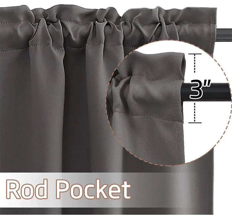 three-inch rod pocket header detail on gray kitchen curtain