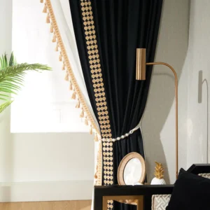 black blackout curtain with tassel trim