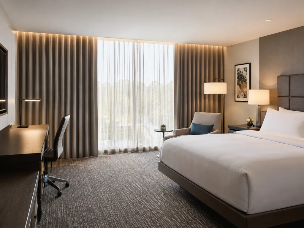 US large-chain hotel room with Ripplefold heading blackout curtains and sheer voile layer behind