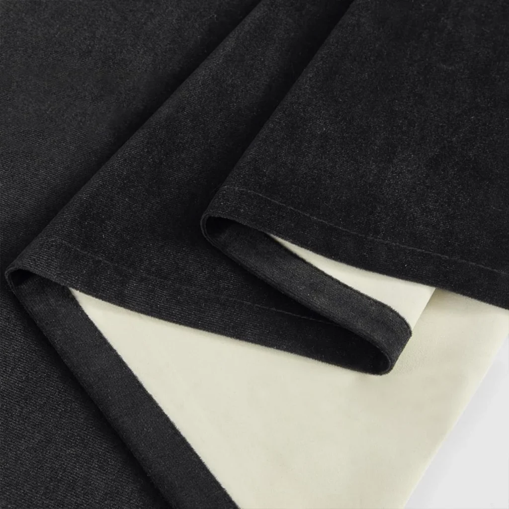 Coated composite velvet curtain with 100% blackout brushed microfiber backing
