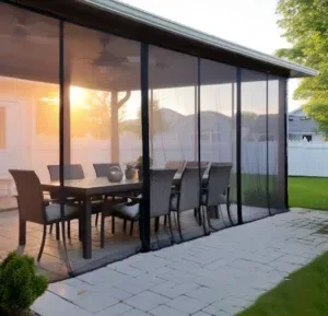 Mosquito-net outdoor curtains for pergola enclosures