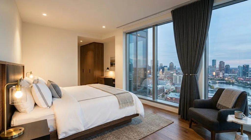 Installed wave fold curtains in hospitality setting showing Ripplefold heading performance