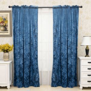 blue foil-printed velvet curtains in a room