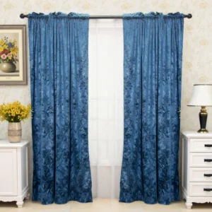 blue foil-printed velvet curtains in a room