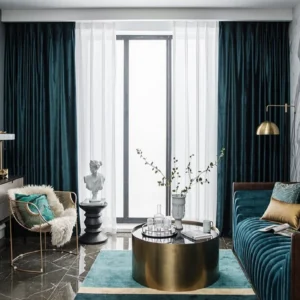 dark blue velvet curtains in a living room