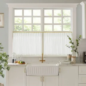 textured white cafe curtain at a kitchen window