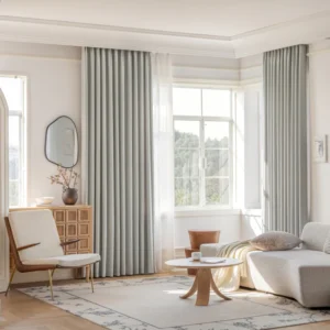 gray chenille-texture blackout curtains in a room
