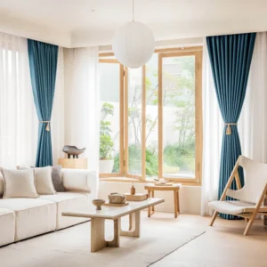 blue smooth satin blackout curtains in a living room