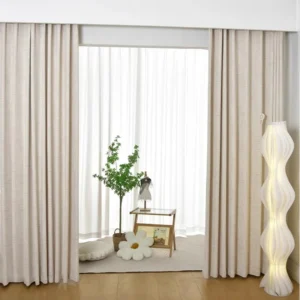 beige geometric jacquard curtains in a room