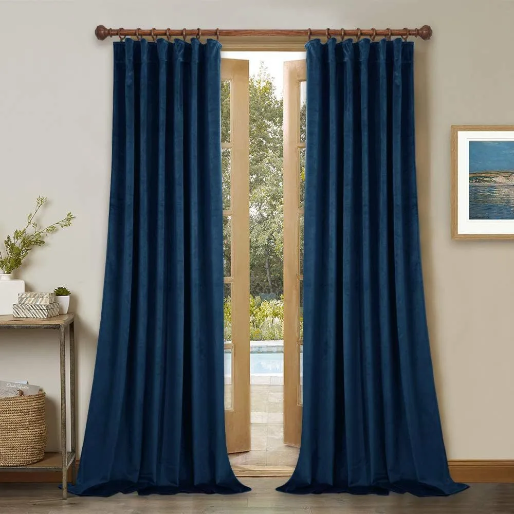 solid navy blue plain velvet curtain