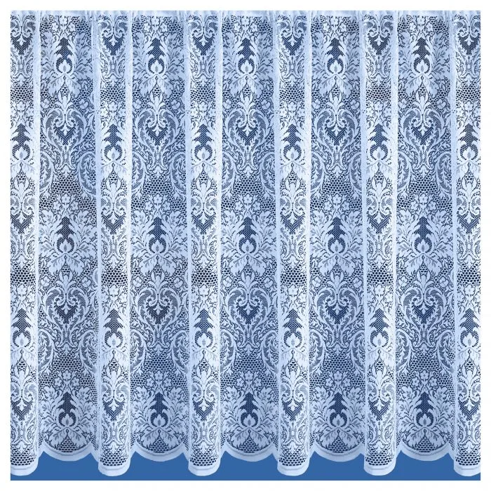 White net curtain panel with open-mesh weave structure, showing the textured surface typical of Raschel-knit construction