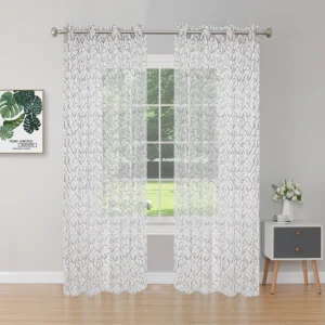 white embroidered sheer curtain with abstract line pattern