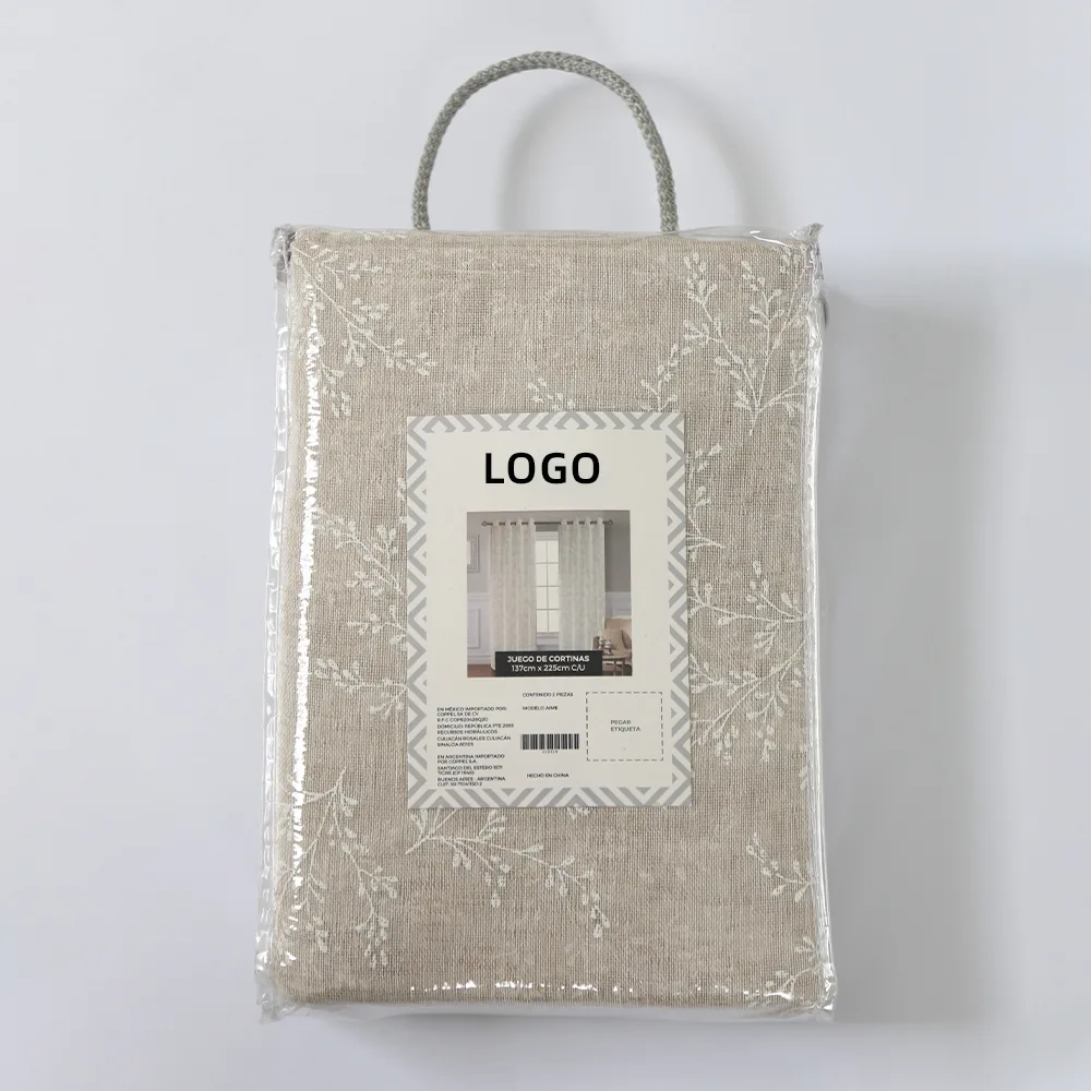 Private label curtain packaging with branded hangtag insert card and polybag