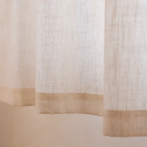 Linen-look polyester voile sheer at 110-150 GSM showing faux-linen weave texture