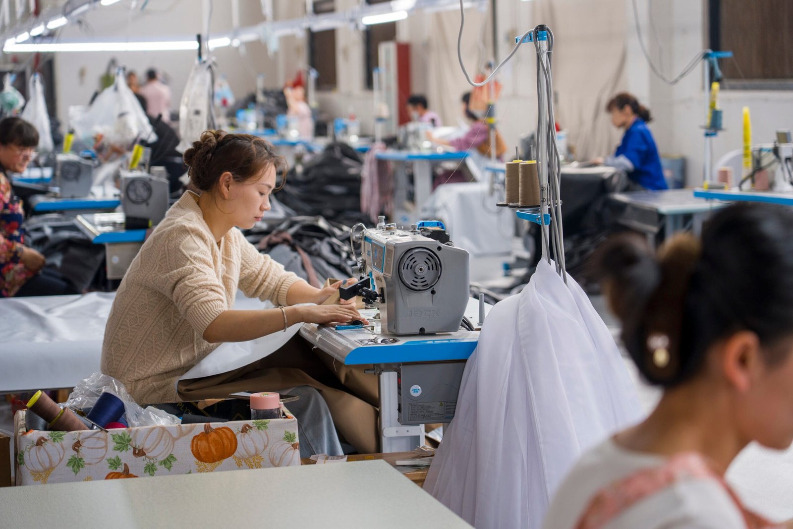 Curtain manufacturing in-line sewing process at a Chinese factory