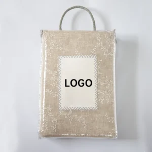 Retail curtain packaging with branded header card for department store display