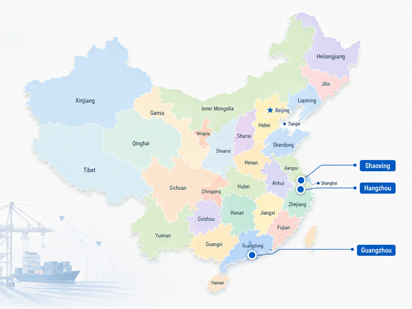 China curtain production hubs map: Shaoxing, Guangzhou, Hangzhou