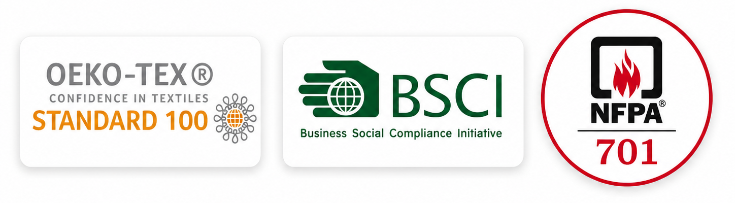 OEKO-TEX, BSCI, and NFPA 701 certifications for curtain manufacturers