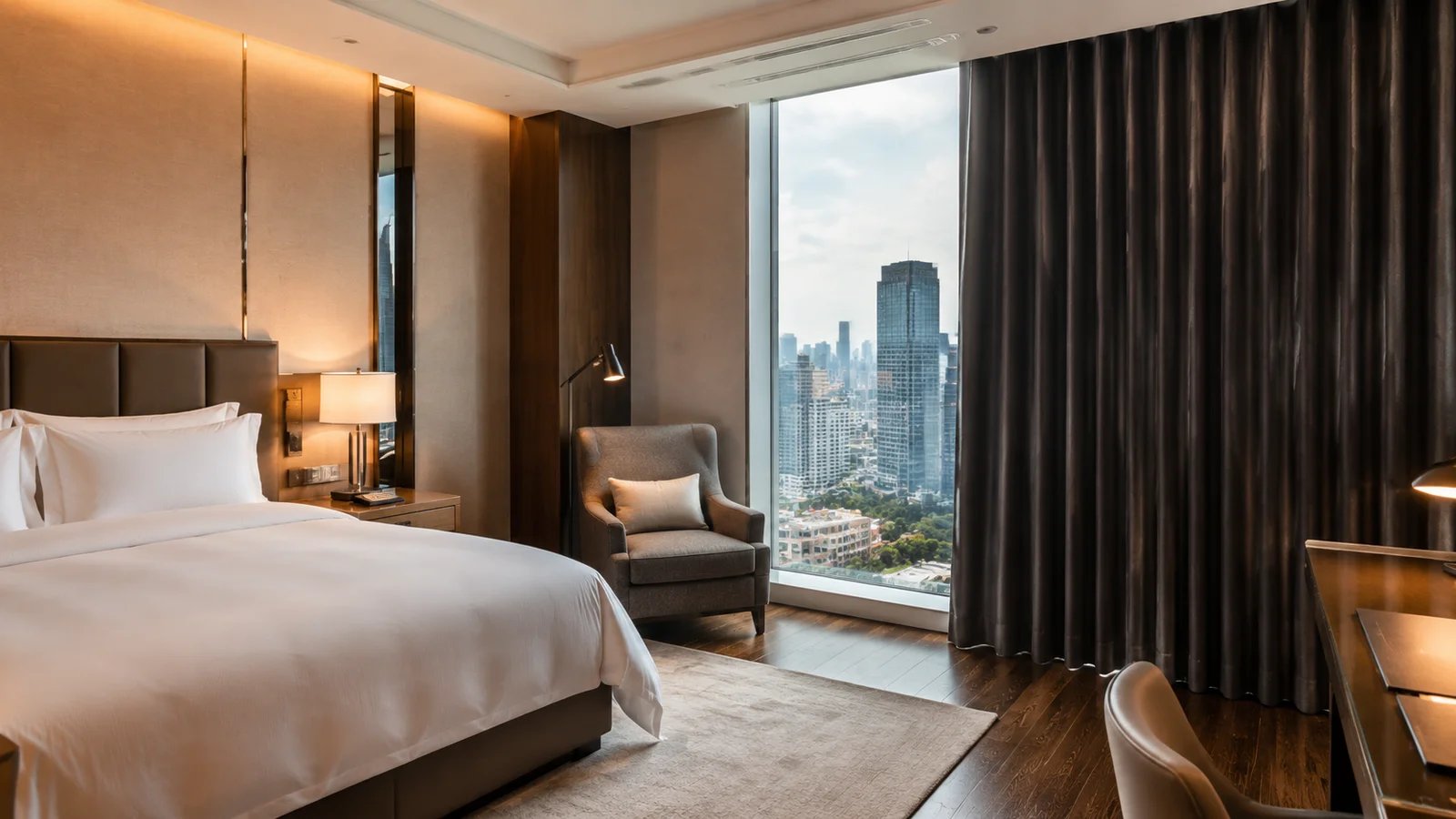 Hotel curtain installation showing fire retardant blackout panels in guest room