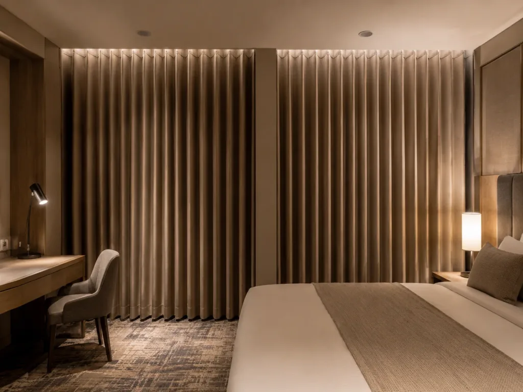 Hotel guest room blackout curtains in beige with consistent Ripplefold heading folds