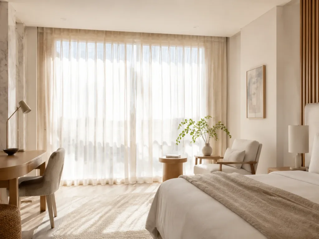 Hotel sheer voile curtains in cream filtering bright morning daylight