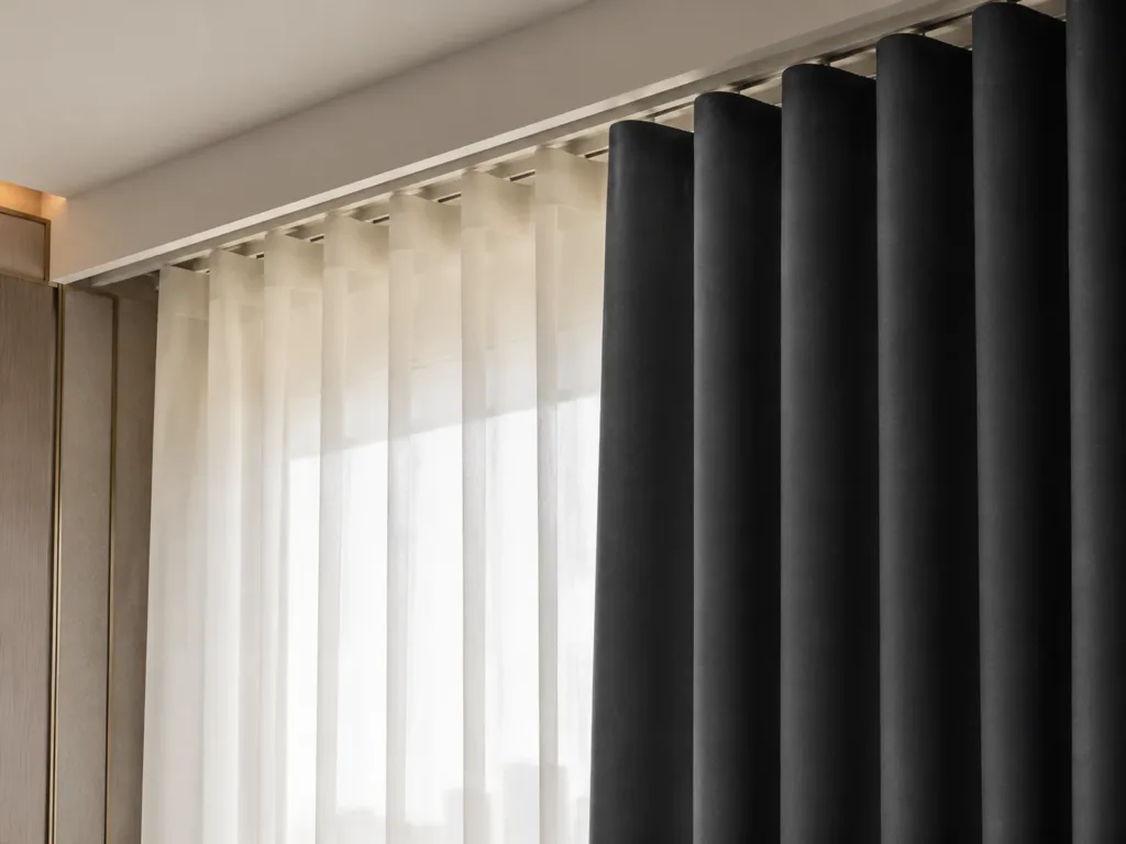 Double-layer hotel curtain system showing sheer behind blackout with ceiling track