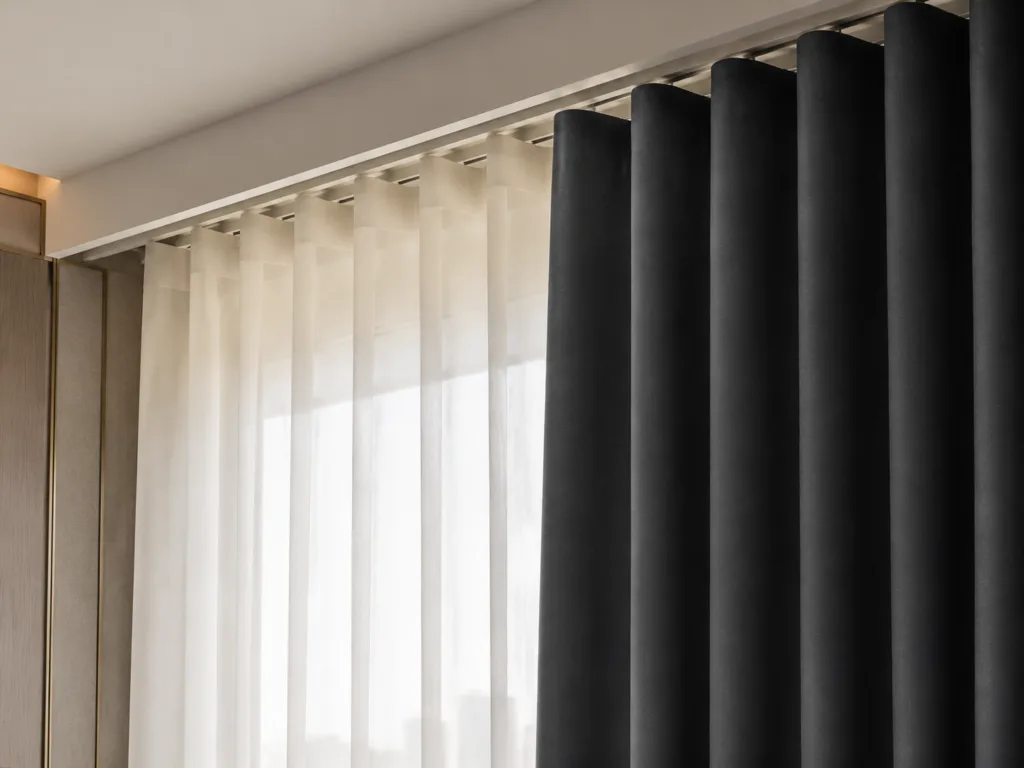 Double-layer hotel curtain system showing sheer behind blackout with ceiling track